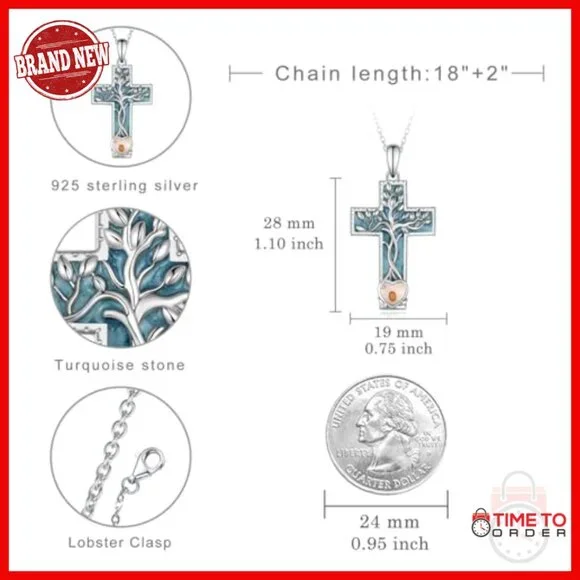 925 Sterling Silver Cross Pendant Necklace with Mustard Seed Tree of Life - Picture 4 of 7